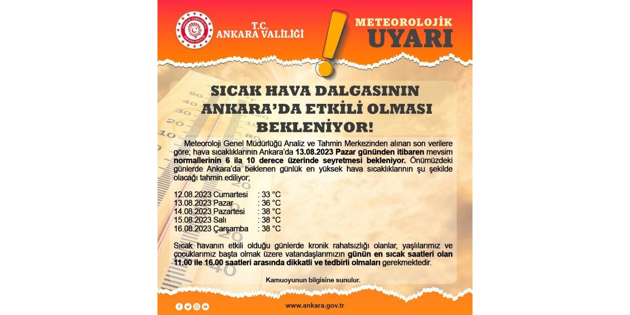 Ankara Valiliğinden sıcak havalar nedeniyle meteorolojik uyarı