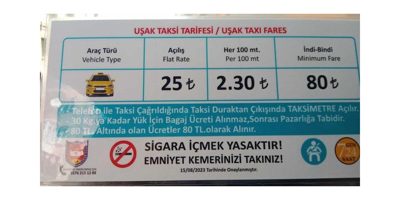 Uşak’ta taksi ücretlerine zam