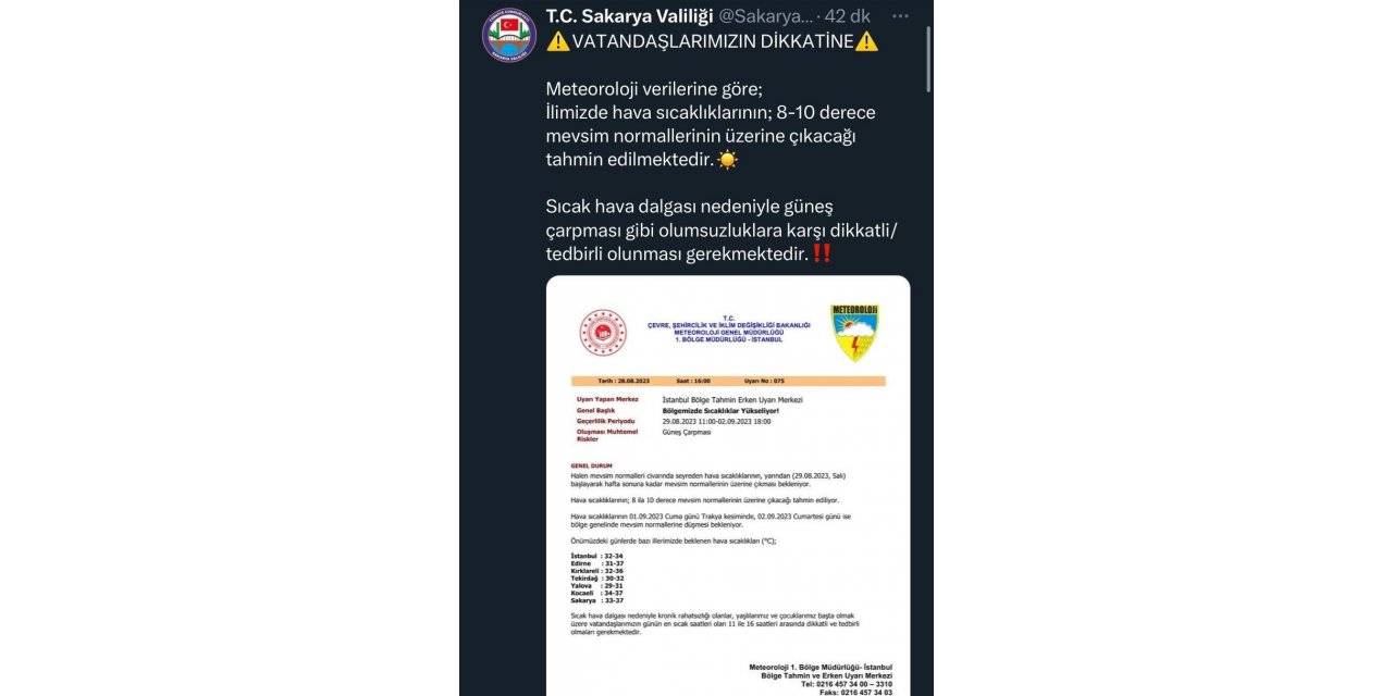 Sakarya Valiliğinden sıcaklık uyarısı