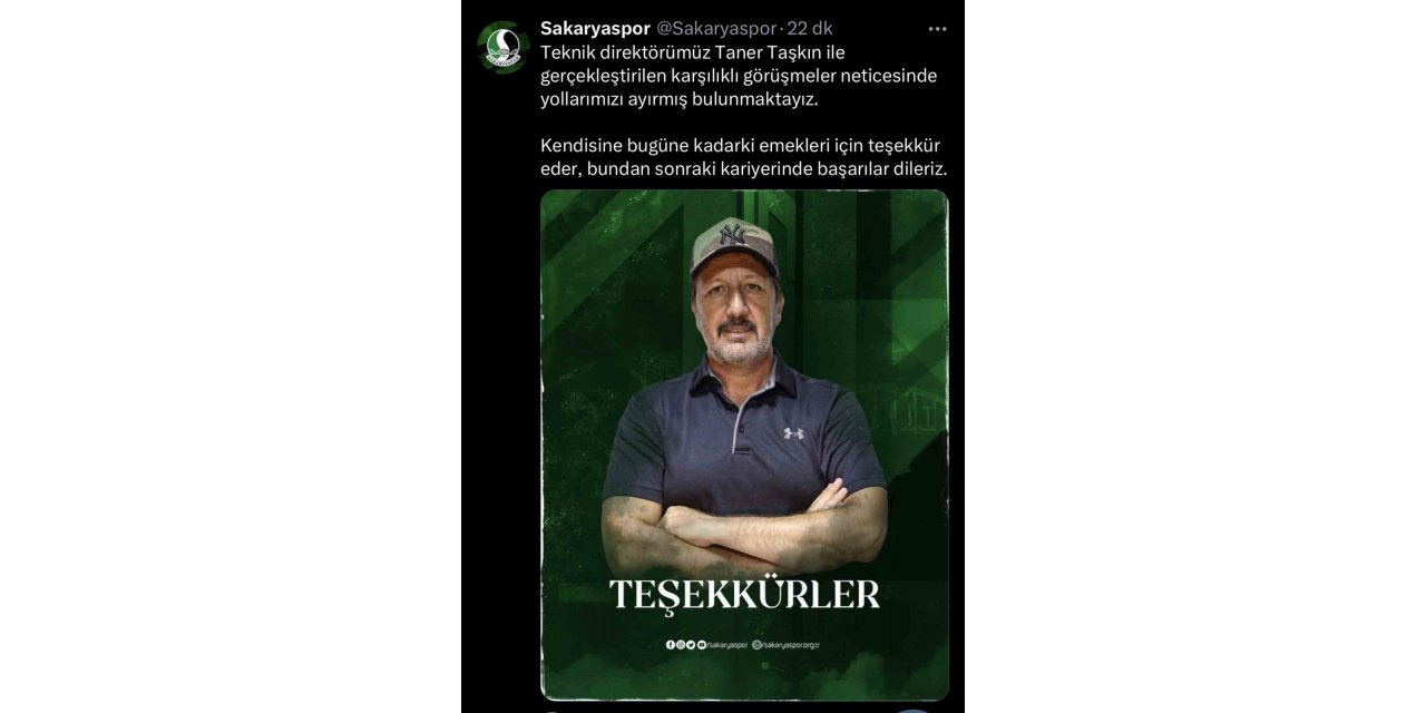 Sakaryaspor’da ayrılık: Taner Taşkın ile yollar ayrıldı