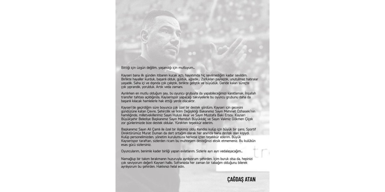 Kayserispor Teknik Direktörü Çağdaş Atan, sosyal medya hesabından yaptığı açıklamayla sarı-kırmızılı takımdaki görevinden istifa ettiğini duyurdu.