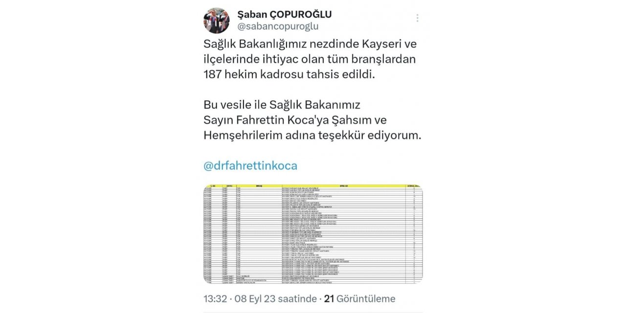 Kayseri’ye ‘doktor’ müjdesi