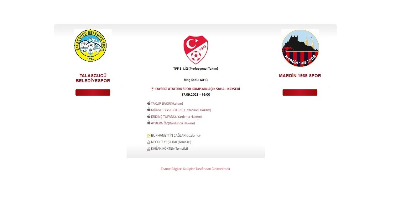 Talasgücü Belediyespor-Mardin 1969 Spor maçını Yakup Bakır yönetecek