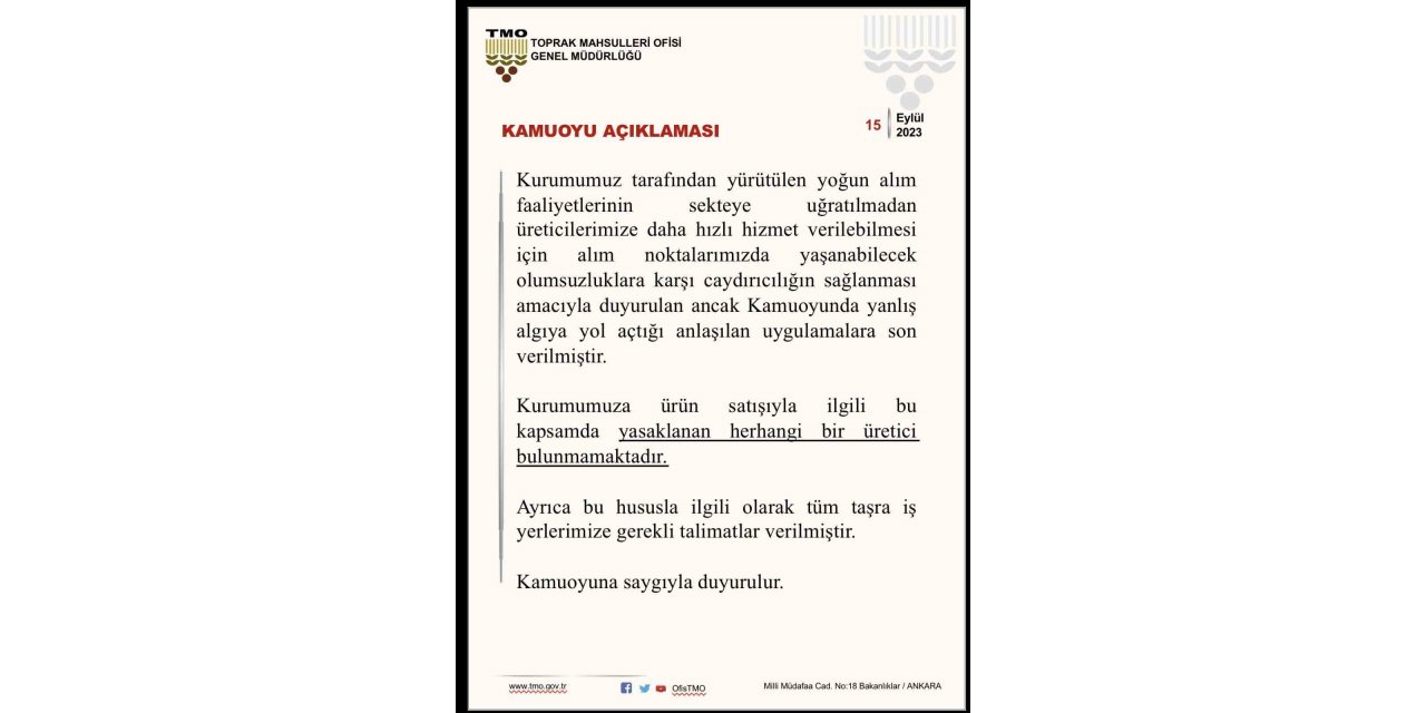 TMO, ’yasaklı üretici’ uygulamasına son verdi