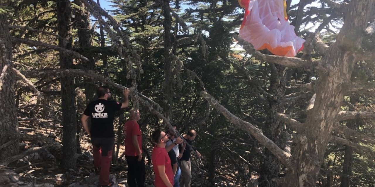 Fethiye’de yamaç paraşütü ağaca dolanan turist kurtarıldı