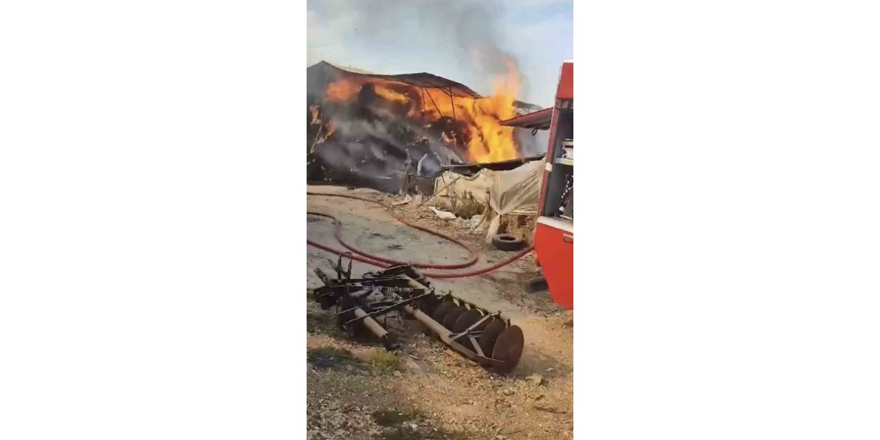 Çiftlikte bulunan yem dolu depo alev alev yandı