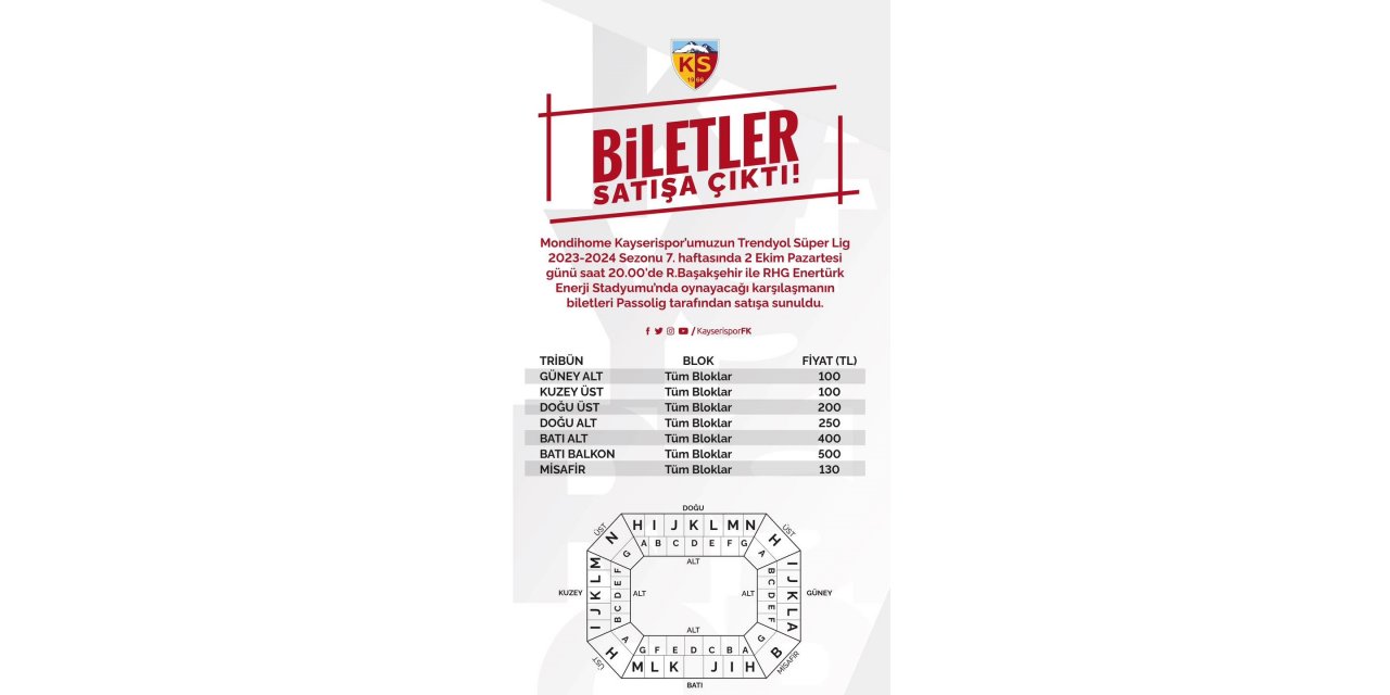 Kayserispor-Başakşehir maçının bilet fiyatları belli oldu
