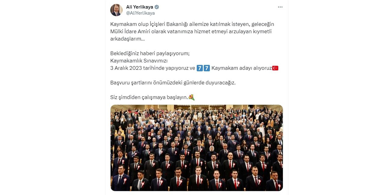 İçişleri Bakanı Yerlikaya, 77 kaymakam adayı alınacağını duyurdu