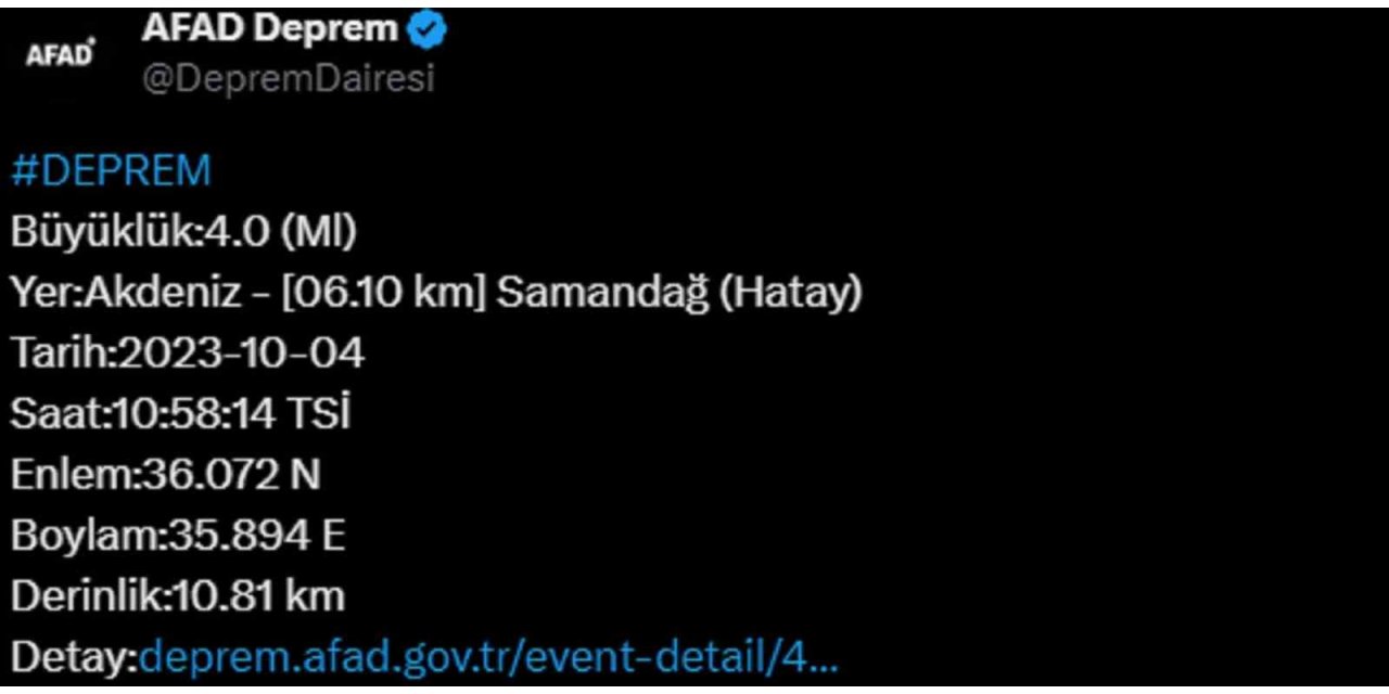 Hatay’da 4 büyüklüğünde deprem