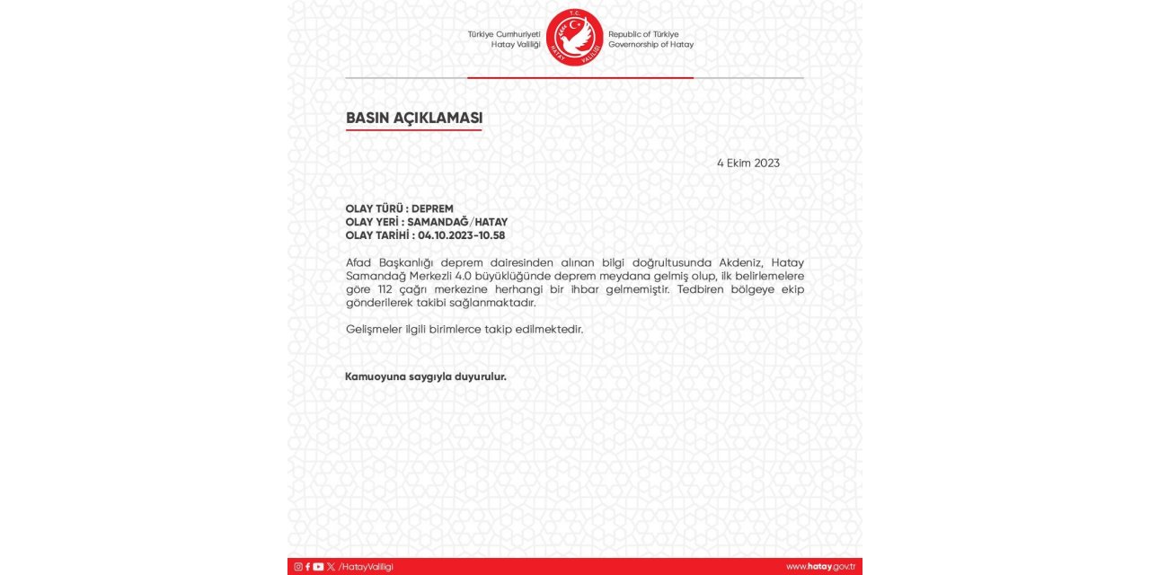 Hatay’da 4 büyüklüğündeki depremde olumsuzluk yaşanmadığı açıklandı