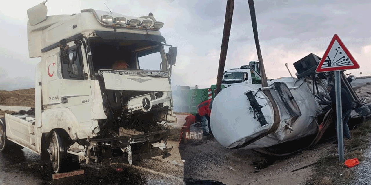 Mazot yüklü tanker, Konya plakalı tıra çarptı: 21 yaşındaki sürücü yaralandı