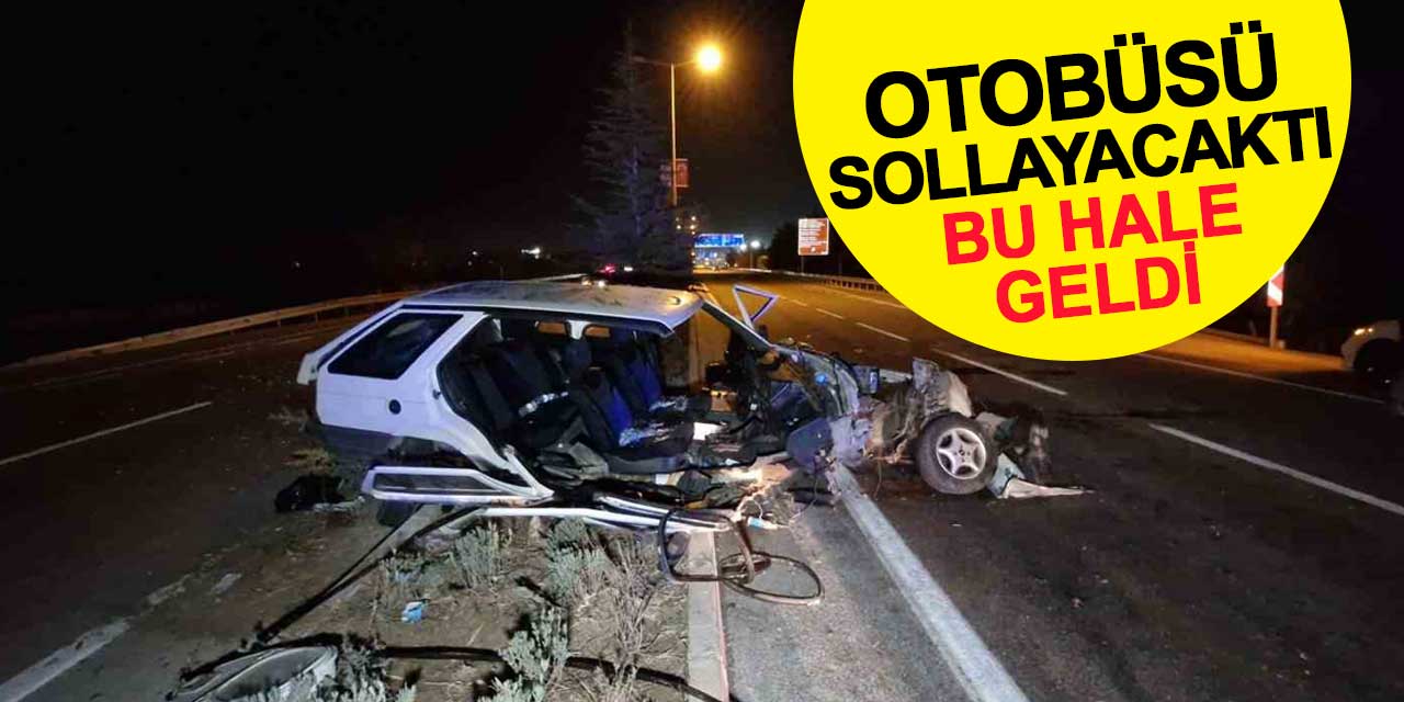 Yolcu otobüsünü sollamaya çalışan sürücü refüjdeki ağaçları devirdi