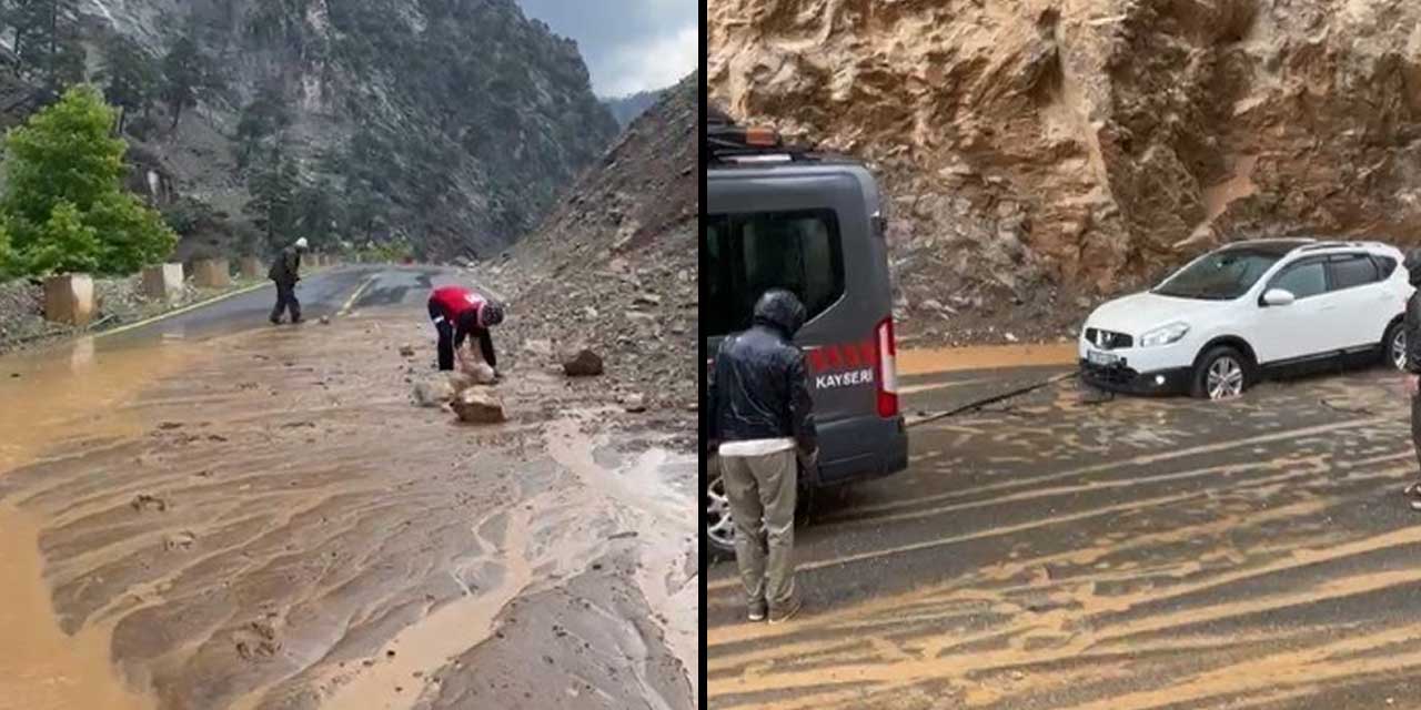 Yahyalı’da Heyelan! Kapuzbaşı yolunda araçlar mahsur kaldı