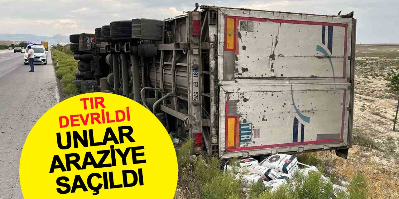 Un yüklü tır şarampole devrildi: Un torbaları araziye saçıldı