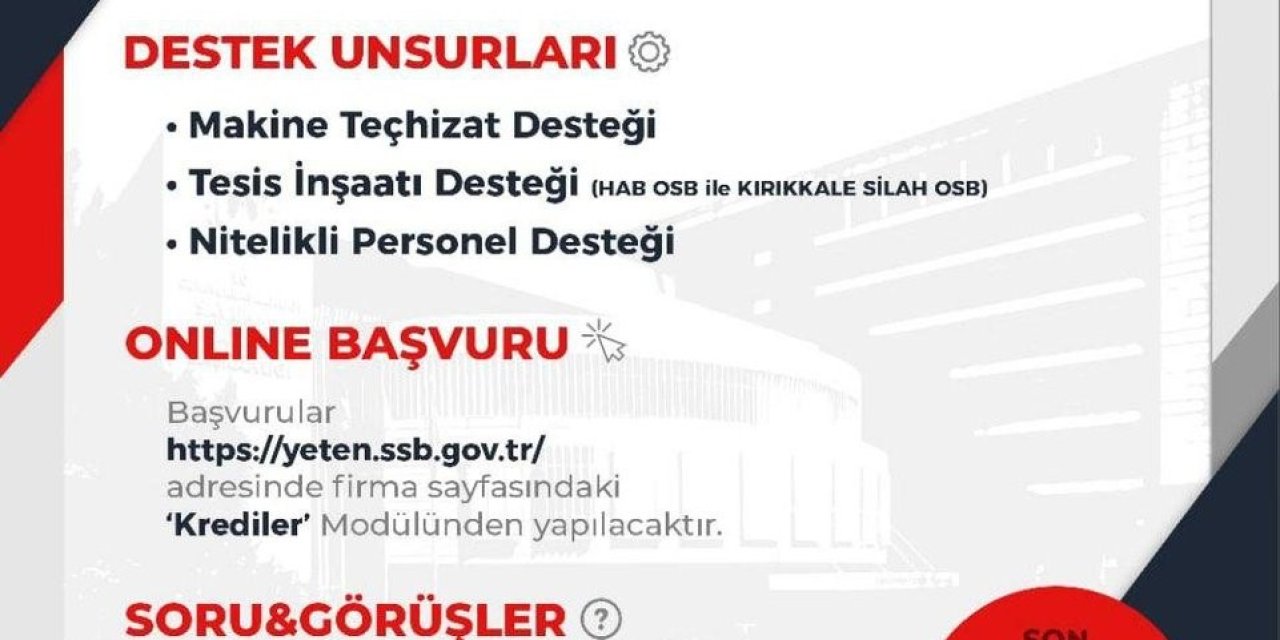 SSB, 2025 Yatırım ve Geliştirme Kredisi Başvurularını Almaya Başladı