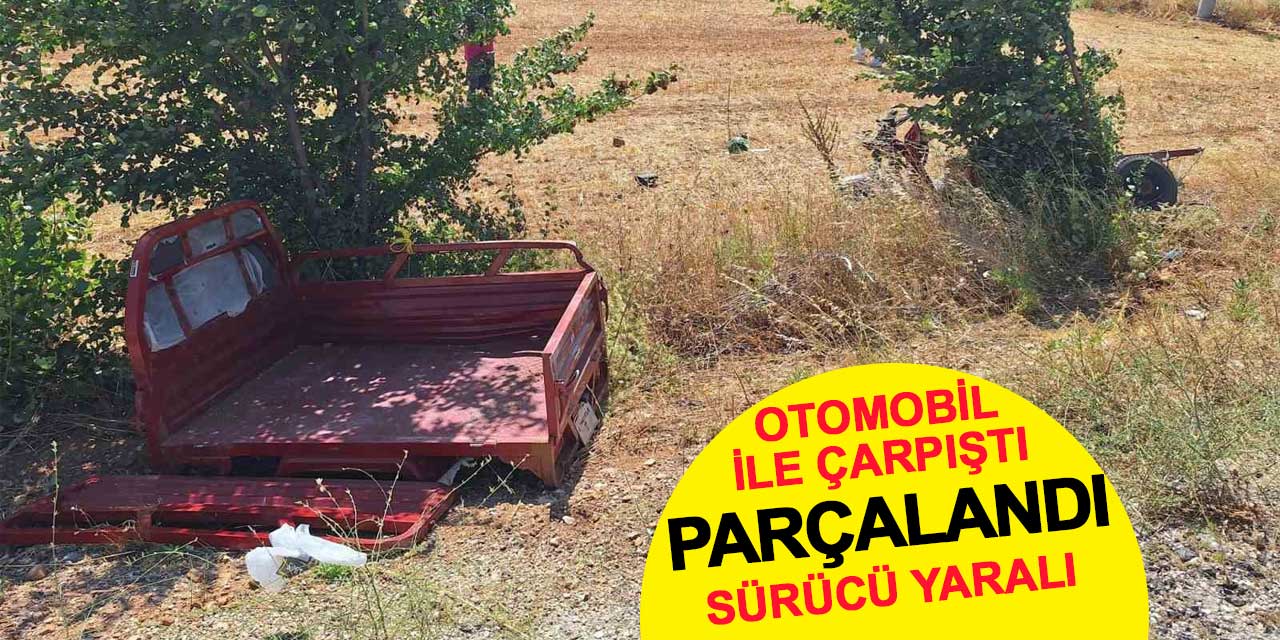 Otomobil ile çarpışan üç tekerli motosiklet parçalandı