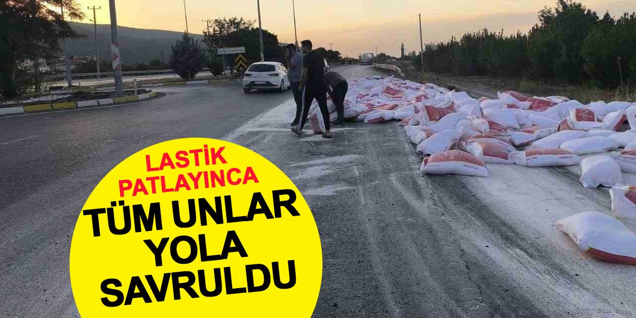Lastik patlayınca tüm unlar yola savruldu