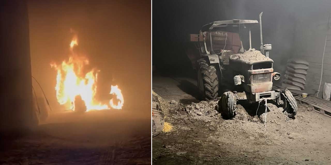 Ambarda yangın çıktı, traktör alev alev yandı