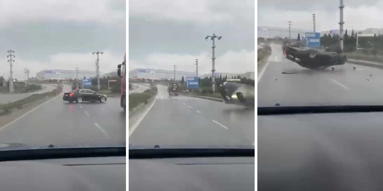Yağışlı yolda makas atan otomobil tepetaklak oldu
