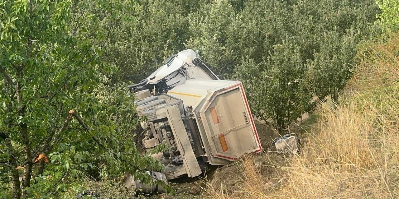 Kum yüklü tır elma bahçesine devrildi, sürücü hayatını kaybetti