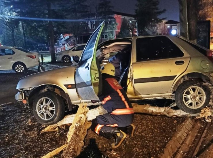 Kontrolden çıkan araç ağaca çarparak durabildi