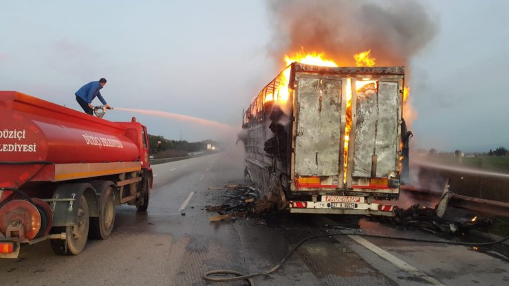 Osmaniye'de halı yüklü tırın dorsesi yandı