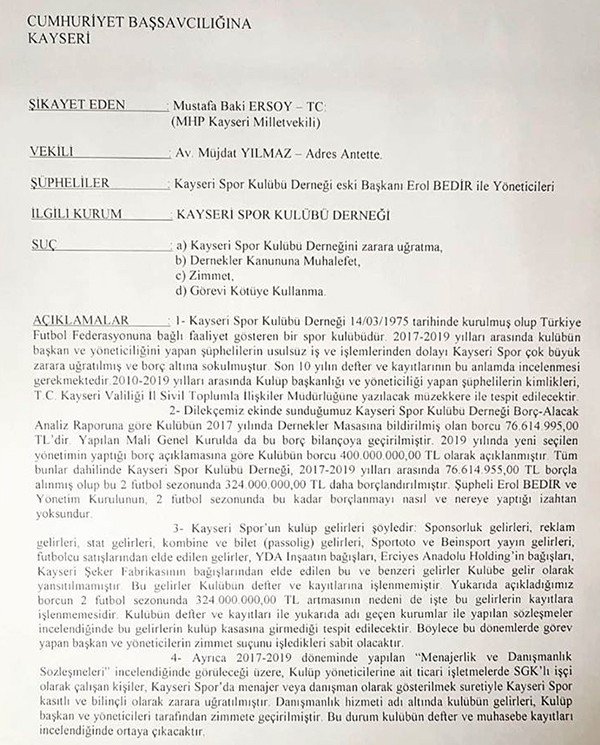 MHP Milletvekili Baki Ersoy, Kayserispor’u mahkemeye verdi