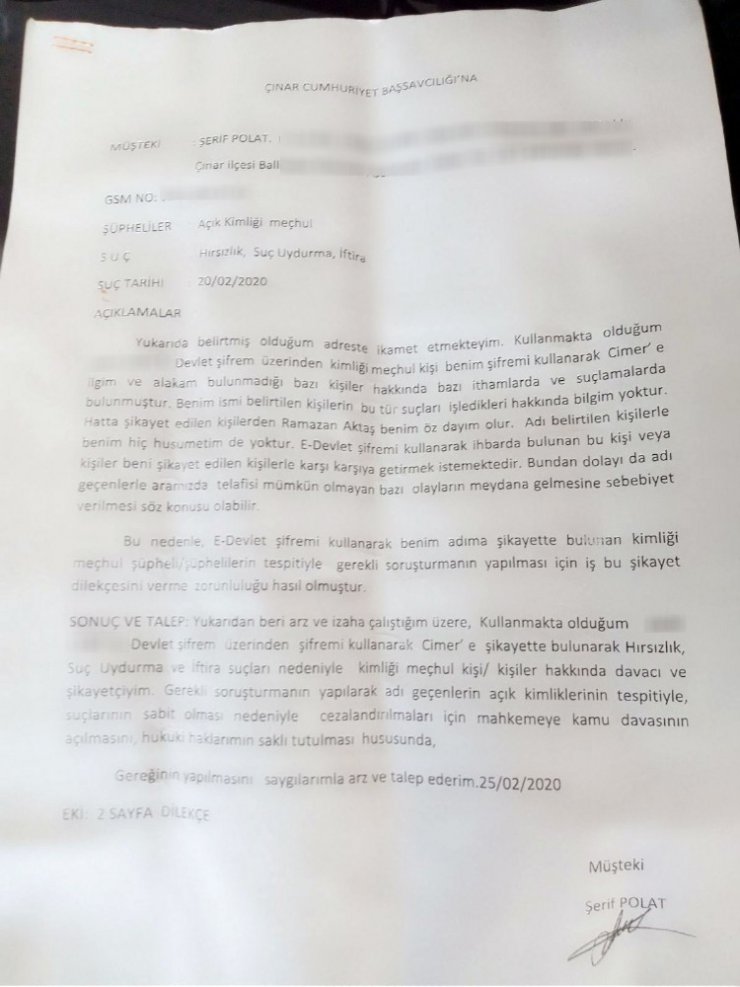 Diyarbakır’da bir vatandaşın e- devlet şifresi ile asılsız ihbar yapıldı iddiası