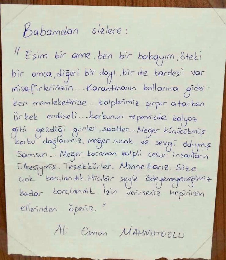 Karantinadaki gençlerden görevlilere "teşekkür" notu