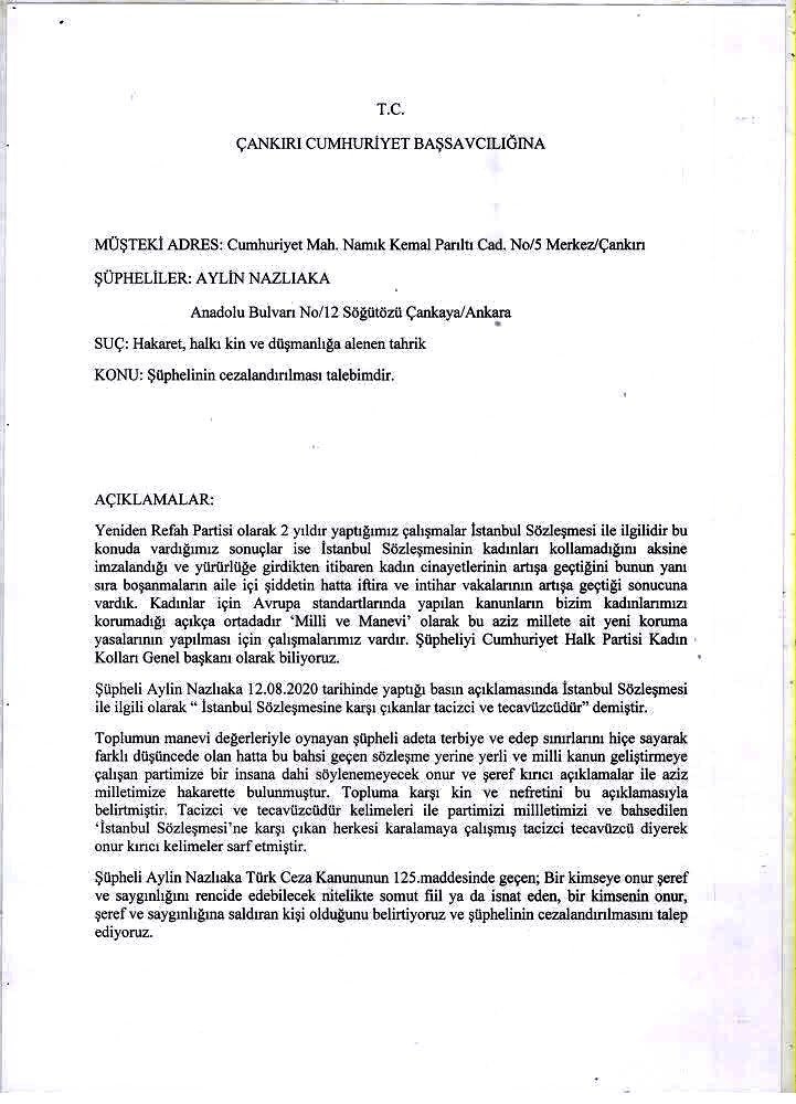 Yeniden Refah Partisi CHP’li Nazlıaka hakkında suç duyurusunda bulundu