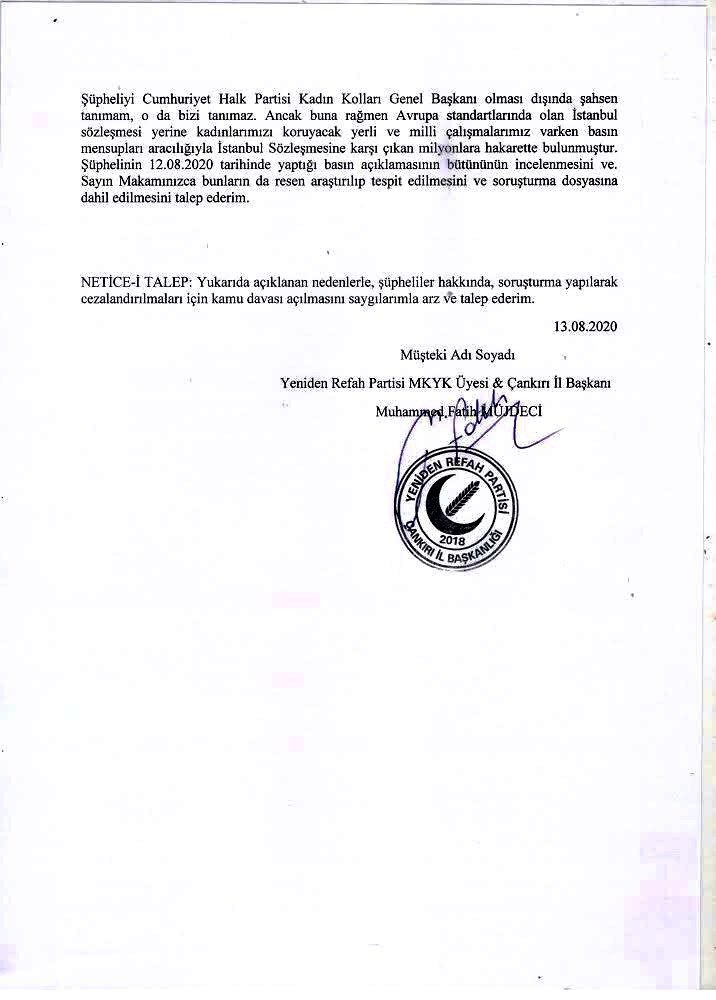 Yeniden Refah Partisi CHP’li Nazlıaka hakkında suç duyurusunda bulundu