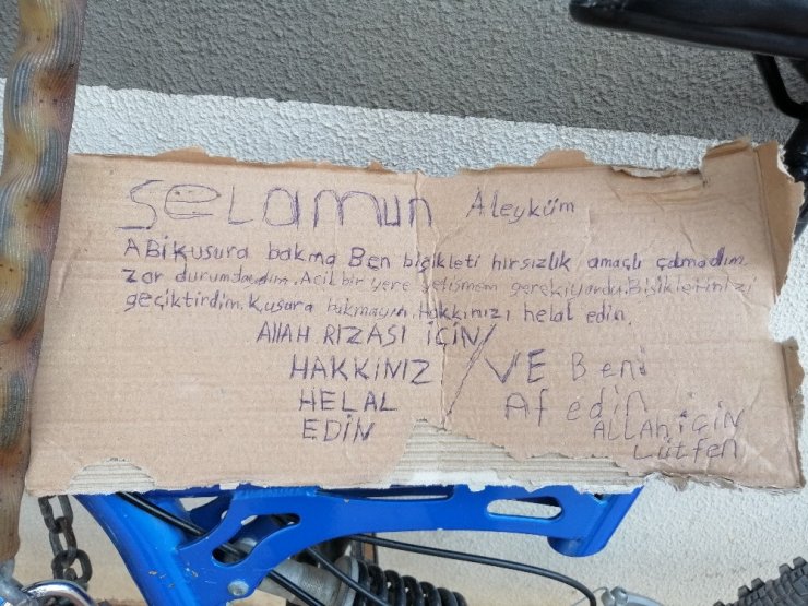 Çaldığı bisikleti 3 gün sonra özür ve af notuyla geri bıraktı