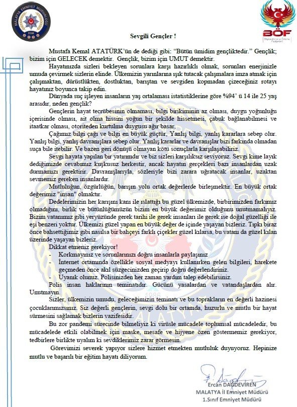 Müdür Dağdeviren’den öğrencilere uyarı mektubu