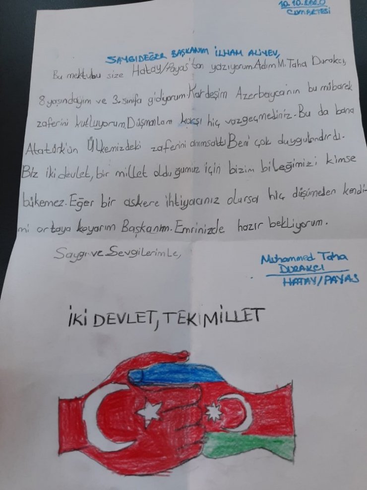 Hataylı öğrencilerden Cumhurbaşkanı Aliyev’e destek mektubu