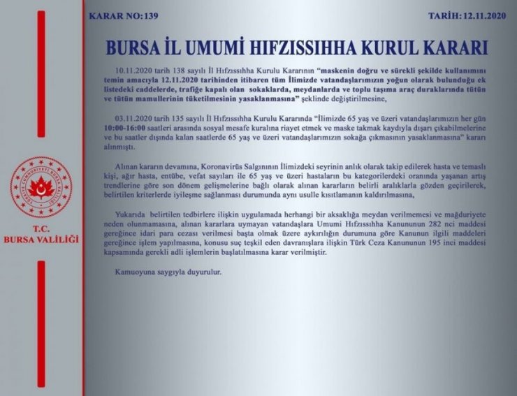 Bursa Valiliği’nden İl Hıfzıssıhha Kurulu kararı açıklaması