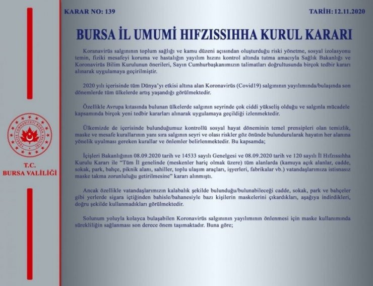 Bursa Valiliği’nden İl Hıfzıssıhha Kurulu kararı açıklaması