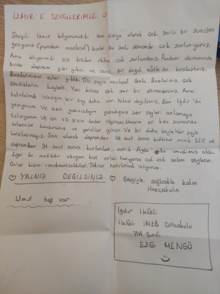 Iğdır’daki 7. sınıf öğrencisi Ezgi’den depremin vurduğu İzmir’e yürekleri ısıtan mektup