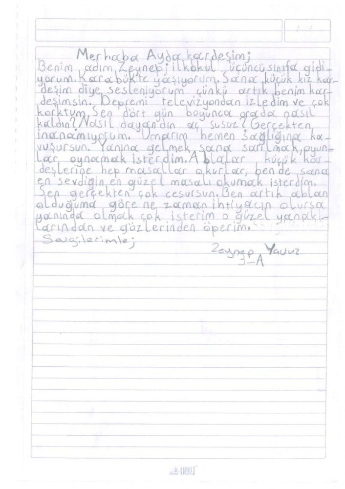 İlkokul öğrencilerinden Ayda bebek için duygulandıran mektup
