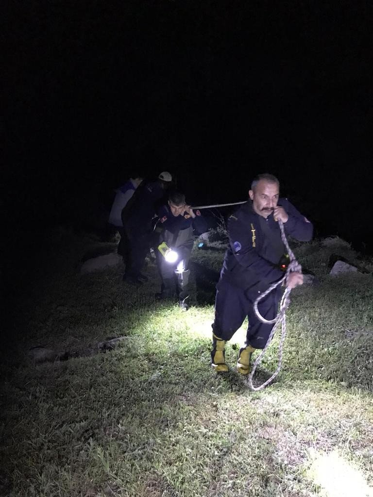 Şiddetli akıntı olan dereye düşen inek 8 saatlik operasyonla kurtarıldı