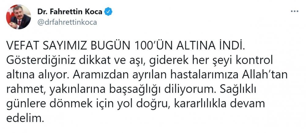 Bakan Koca'dan son dakika paylaşımı! Bugün 100’ün altına indi