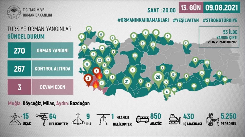 Orman yangınlarında son durum! 270 yangından 267’si kontrol altında