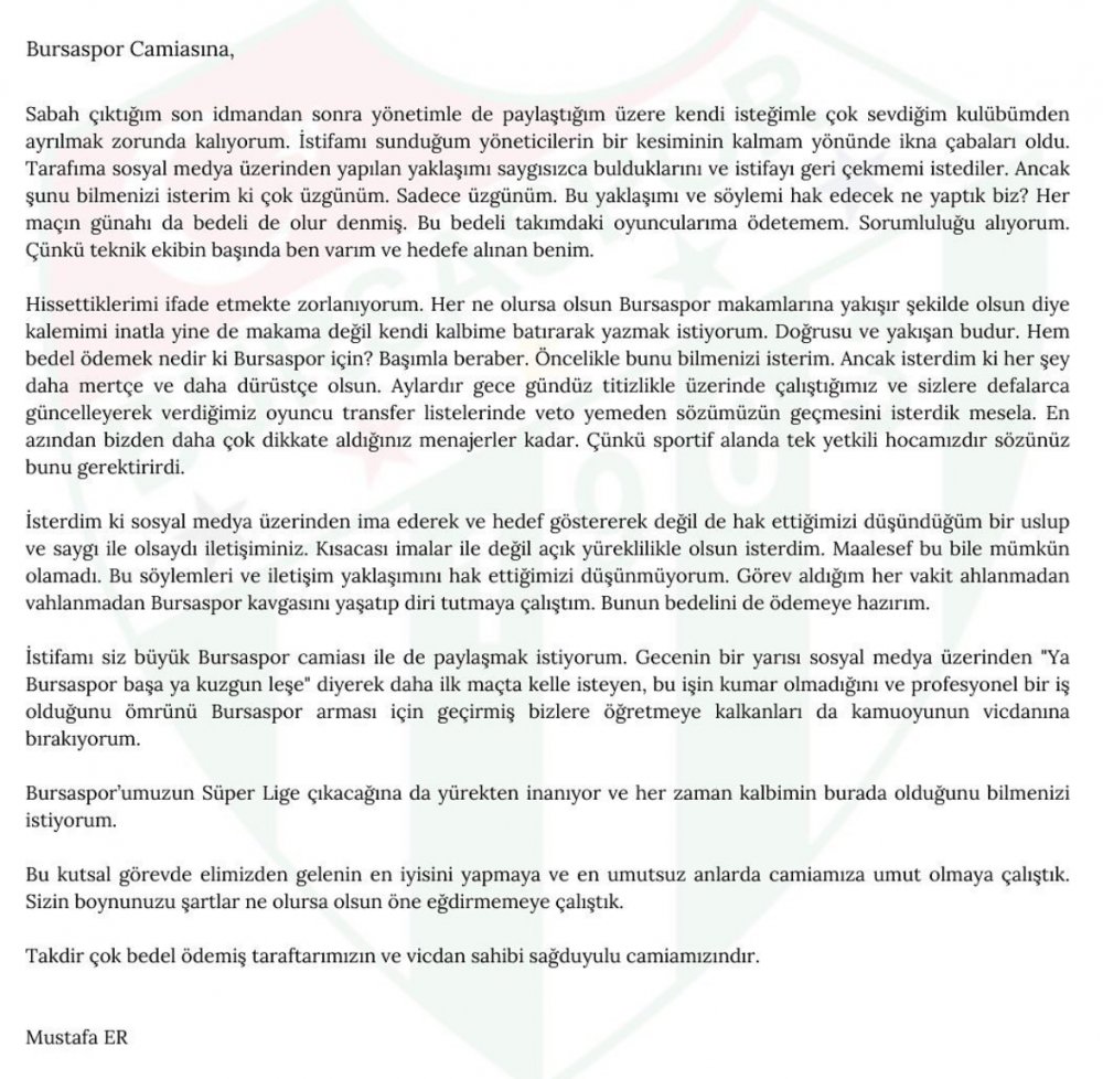 Bursaspor'dan istifa eden Mustafa Er'den sert açıklama: İsterdim ki her şey daha mertçe olsun