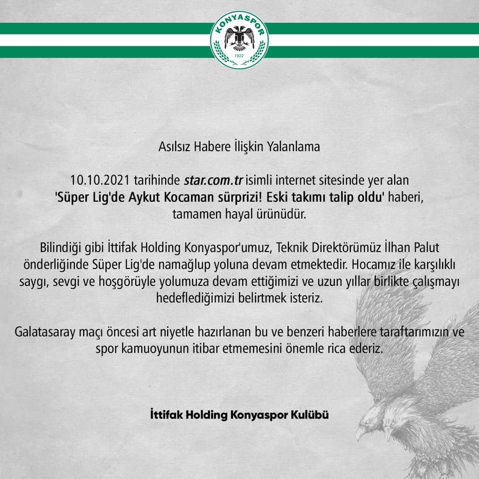 Konyaspor’dan Aykut Kocaman haberlerine yalanlama