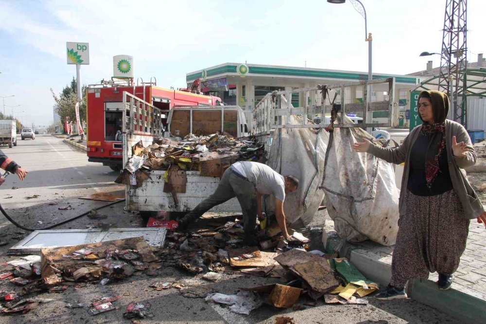 Alev alev yanan pikabı benzin istasyonuna çekti