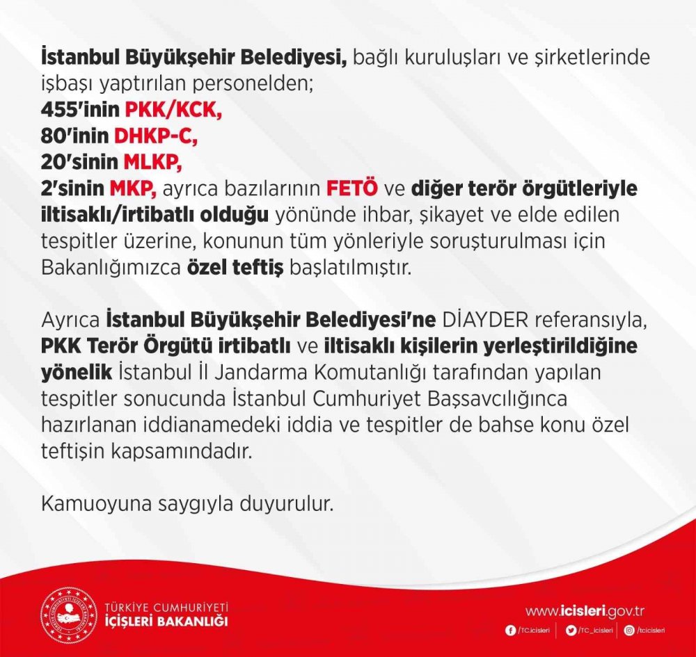 İçişleri Bakanlığından teröristlere işbaşı yaptırdığı iddia edilen İBB’ye 'özel teftiş'