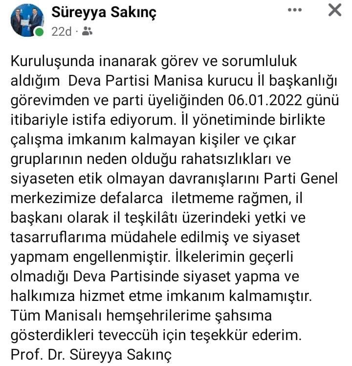 DEVA Partisi Manisa il teşkilatı istifa etti