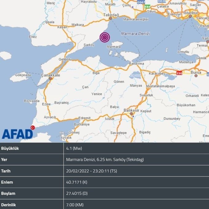 Marmara 4.1 büyüklüğünde depremle sarsıldı