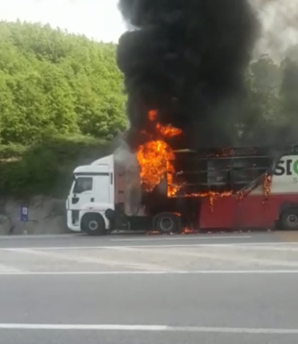Konya'dan yola çıkan tır bir anda yanmaya başladı! Tır tamamen yandı