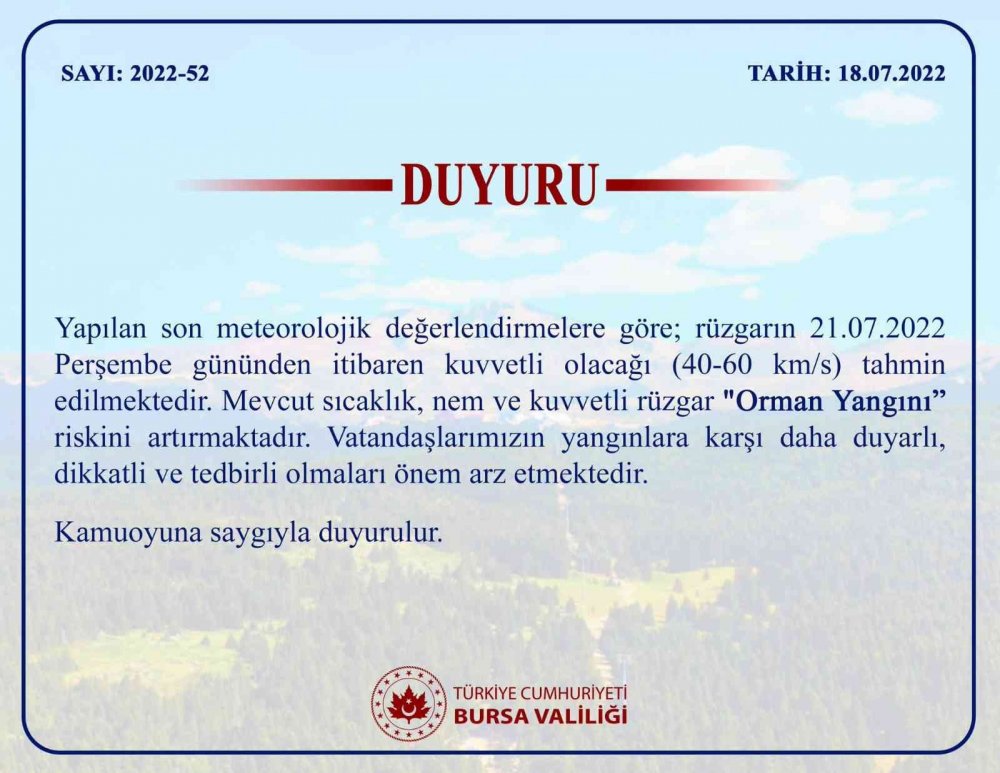 Bursa Valiliği şiddetli rüzgar ve orman yangını uyarısı