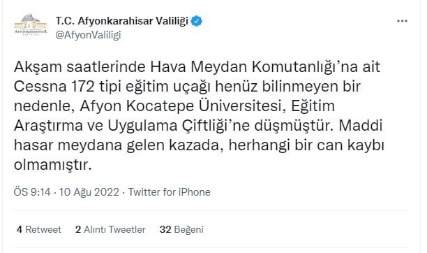 Afyon'da uçak düştü! Valilikten açıklama geldi